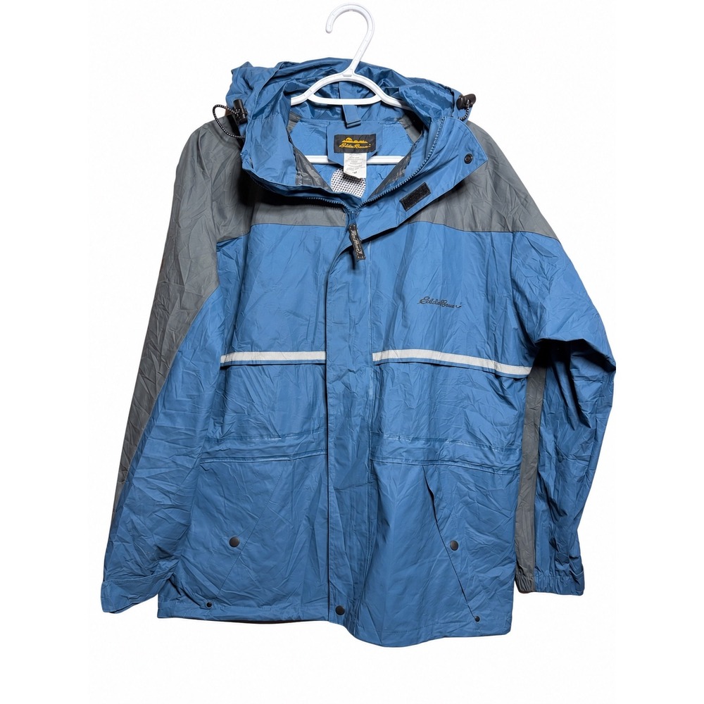 Eddie Bauer Mens Rain Jacket Blue Gray Hooded Waterproof Vented Shell Medium